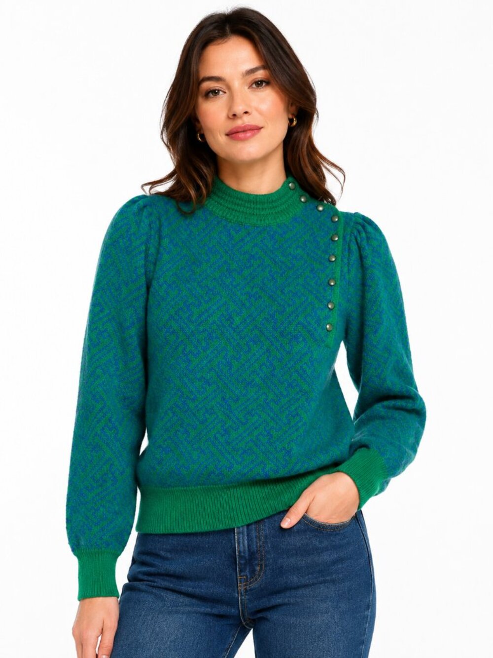 Vintage Thalie Paris Green Blue Geometric Knit Button Collar Sweater S